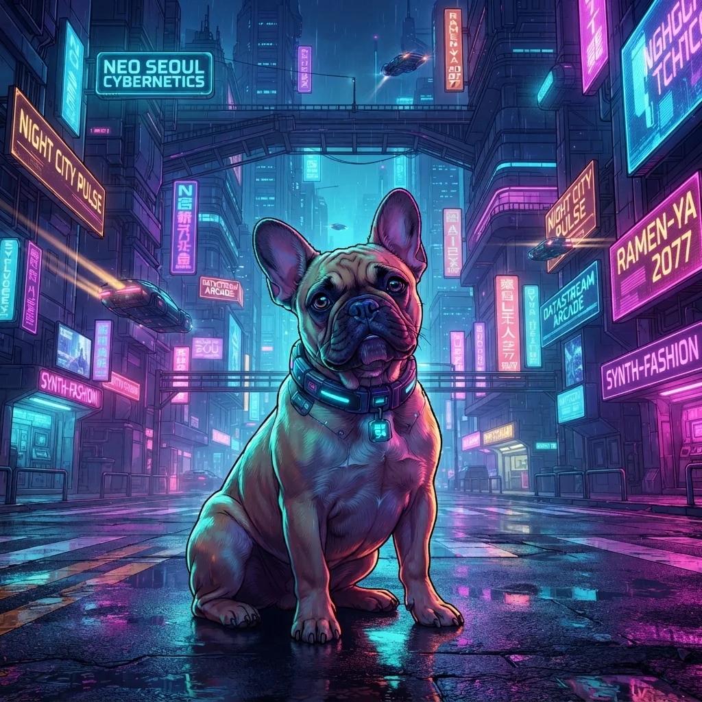 French Bulldog cyberpunk neon portrait