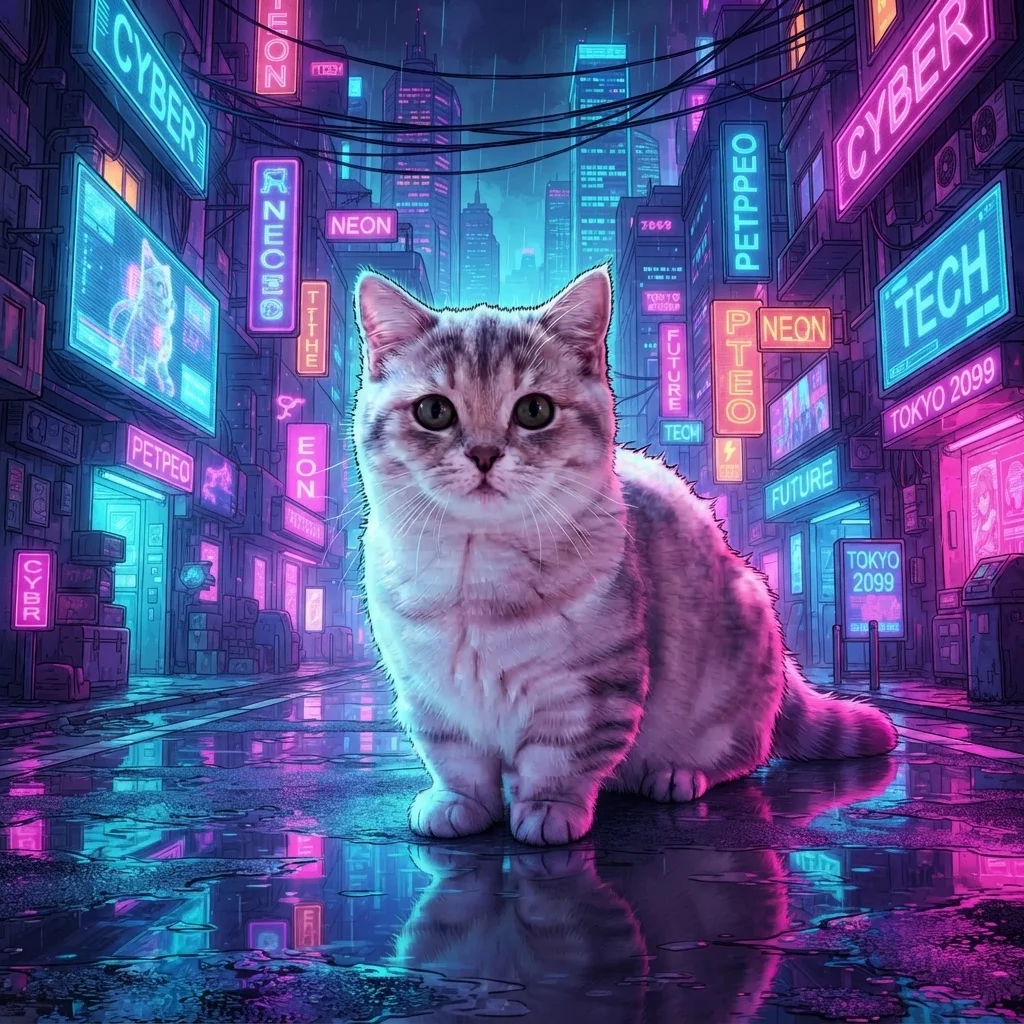 Munchkin cat cyberpunk neon portrait