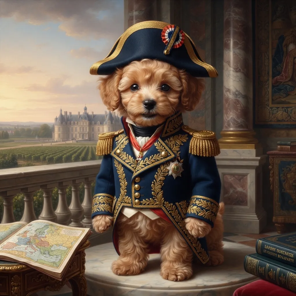 Poodle Napoleon style AI portrait