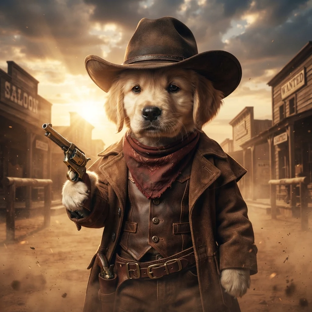 Golden Retriever cowboy AI portrait