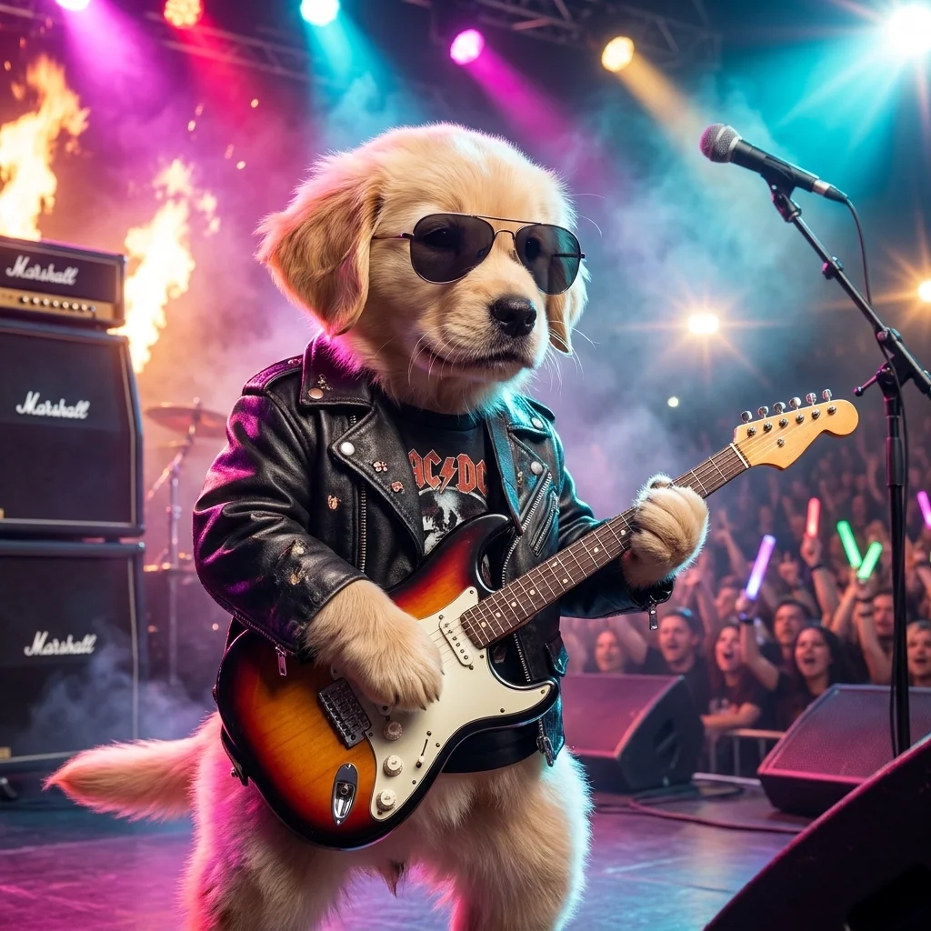 Golden Retriever rock and roll guitarist AI portrait